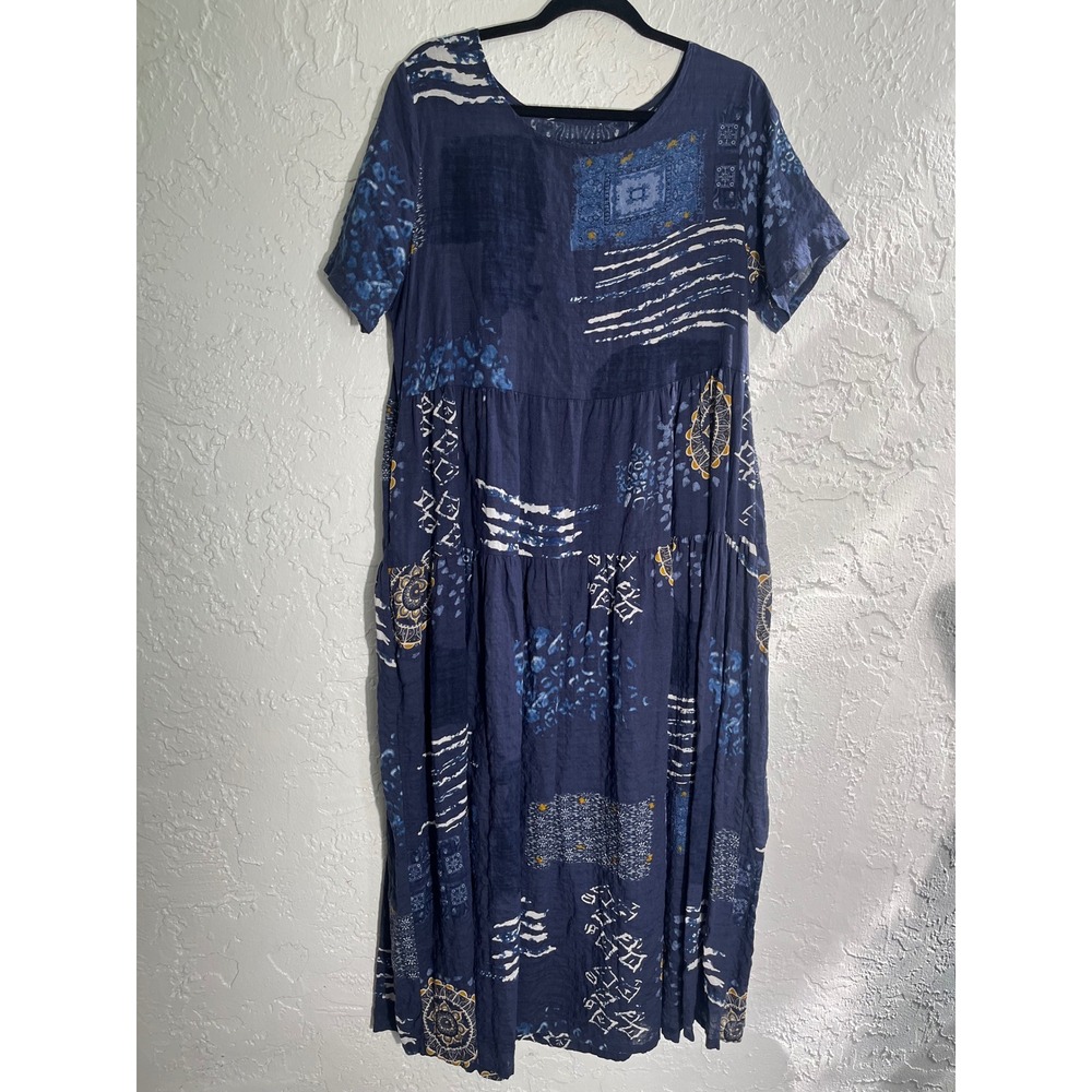 YESNO Blue Boho Maxi Dress L Cotton Patchwork Print Tiered Lagenlook